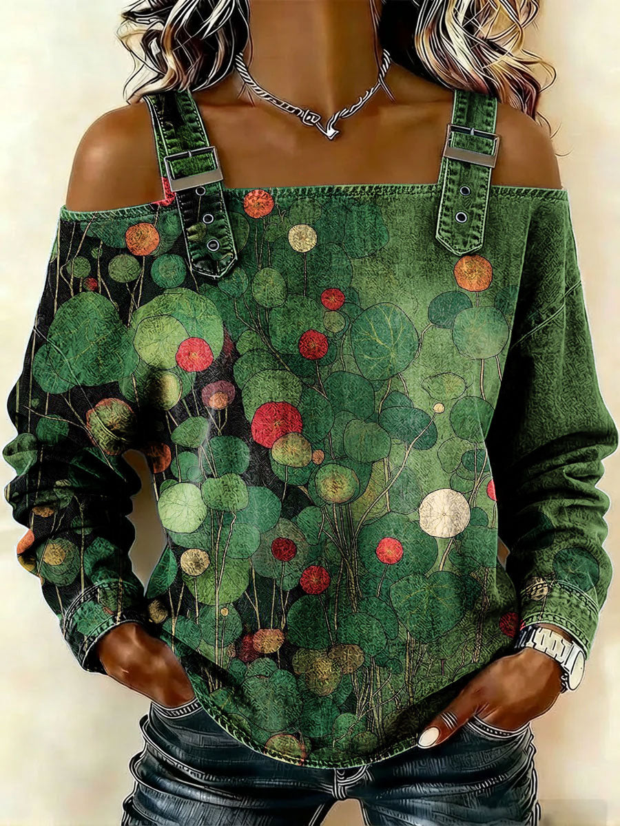 Women‘s Vintage Flowers Pattern Art Print Casual Cotton Denim Shirt