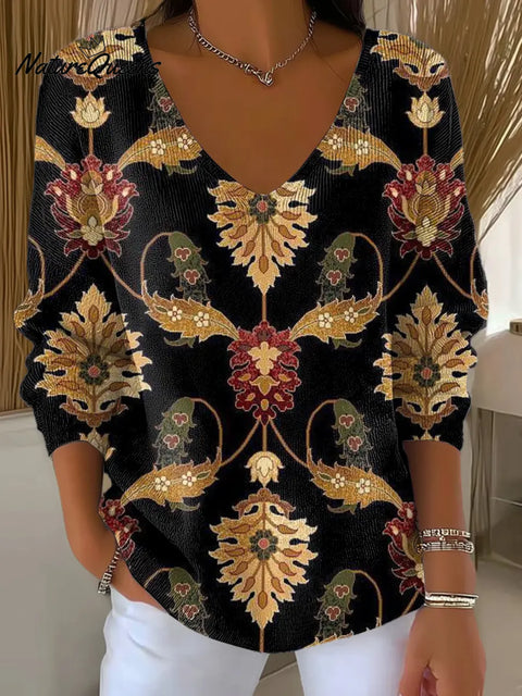 Women's Floral Pattern Art Print Casual V-Neck Sweater