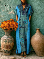 Women's Vintage-print Patchwork V-neck Short-sleeve Casual Loose Cotton-linen Dress