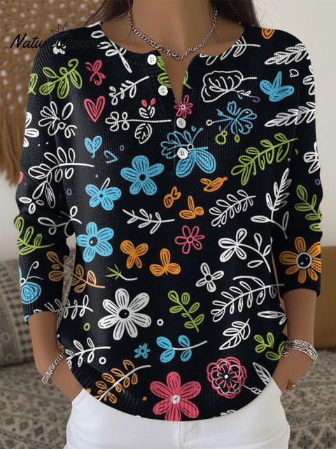 Women's Color Flowers Black Pattern Art Print Buttoned Cardigan Sweater