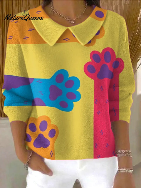 Women's  Cute Cat Paws Print Casual Peter Pan Collar 3/4 Sleeve Sweater