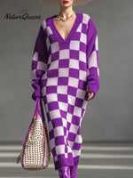 Women's Plaid Print V-neck Long-sleeved Casual Loose Knit Dress