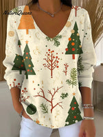 Women's Vintage Christmas Art Print V-neckLooseSweater