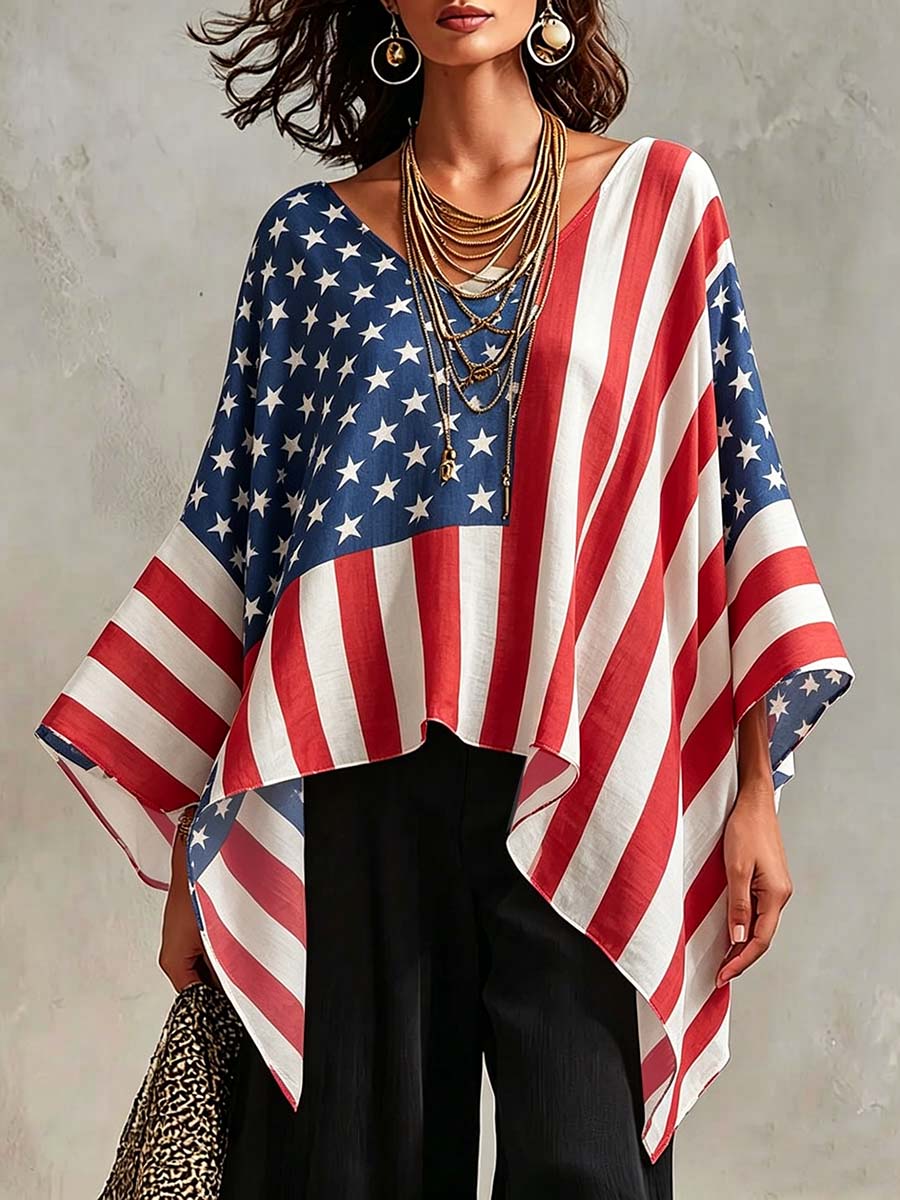 Women's Vintage Flag Print V-neck 3/4-sleeve Casual Loose Cotton-linen Top