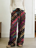 Exotic Floral Diagonal Stripe Decorative Pattern Women's Casual Pants