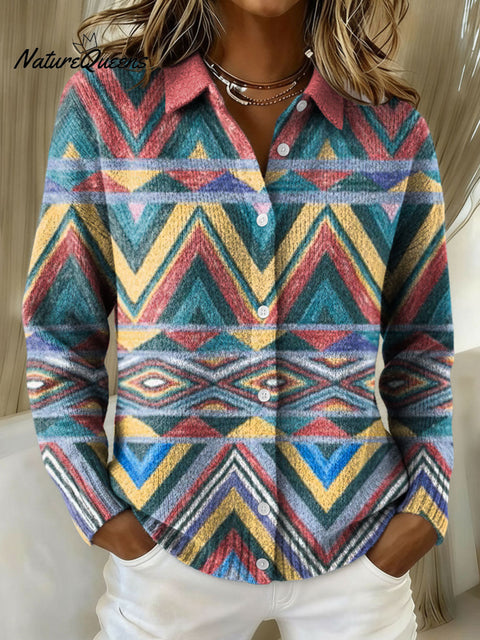 Women's Retro Geometric Abstract Stripe Pattern Art Print Cowl Neck Sweater