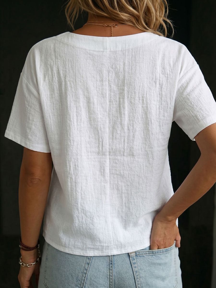 Women's Round-neck Short-sleeve Irregular Hem Cotton-linen Shirt