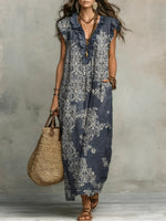 Women's Retro Pattern Art Print Casual Ruffled Stylish Cotton Linen Dress