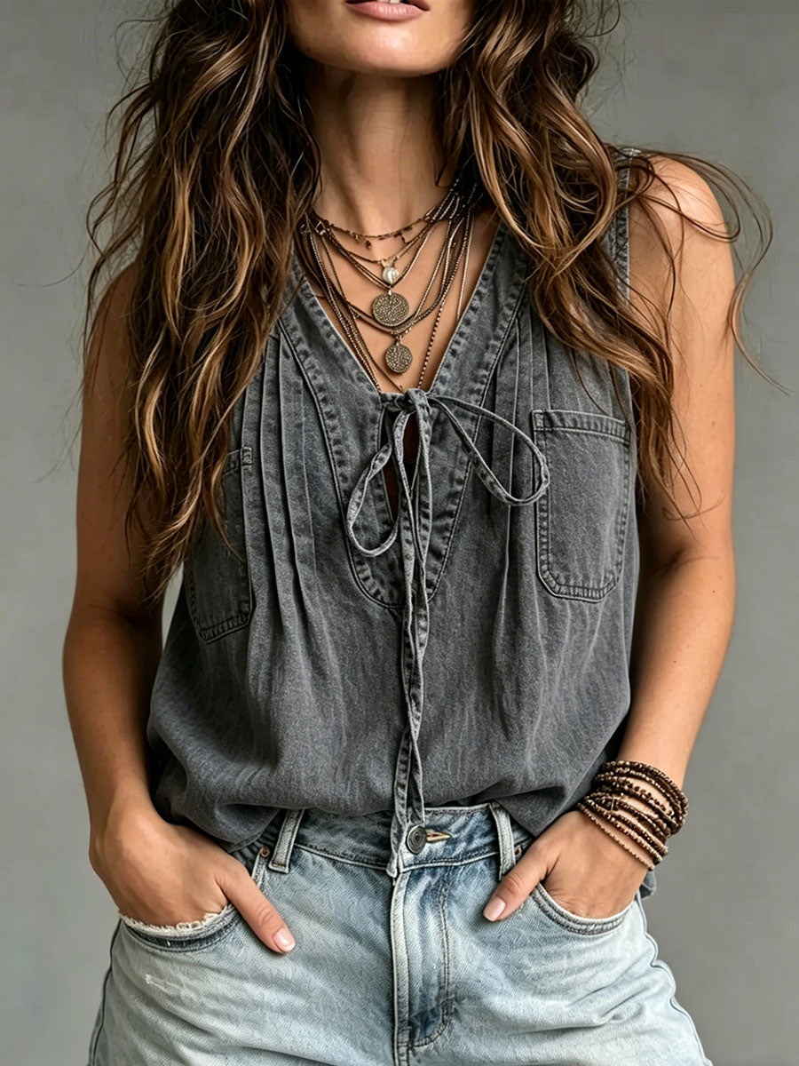 Women's Lace-up Casual Patchwork Denim Top