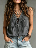 Women's Lace-up Casual Patchwork Denim Top