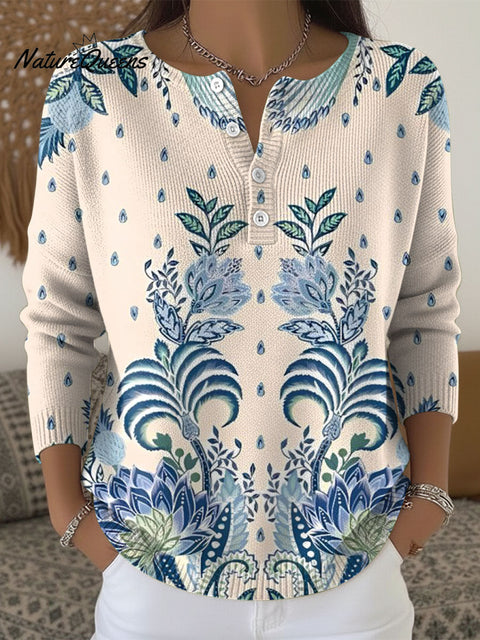 Women's Retro Ethnic Floral Pattern Art Print Buttoned Cardigan Sweater