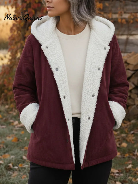 Casual Sherpa Corduroy Button-Down Hooded Jacket