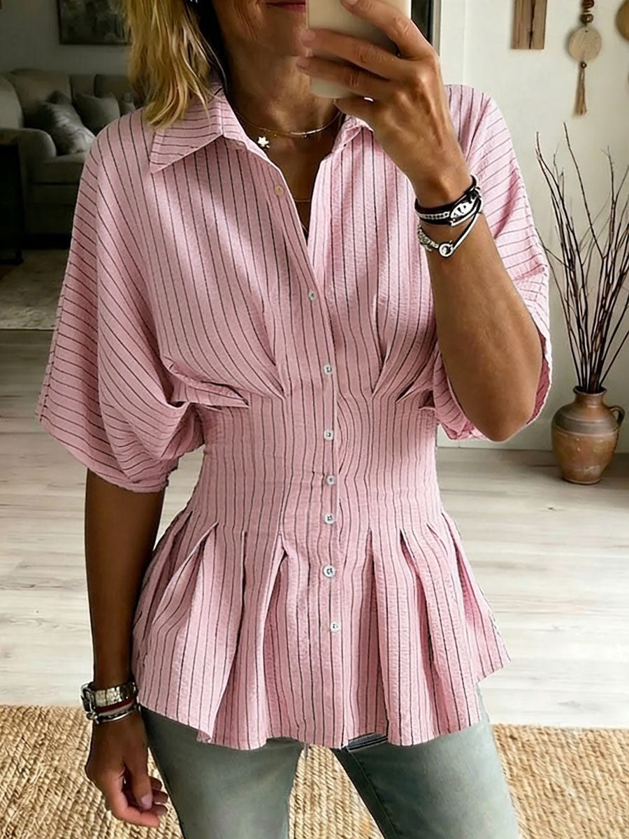 Women's Versatile Pleated Fitted Waist Short-sleeved Casual Striped Top
