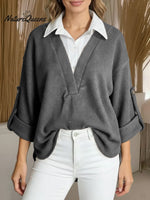 Women's Long-sleeved Casual Loose Shirt With Contrasting Color Splicing And A Faux Two-piece Design.