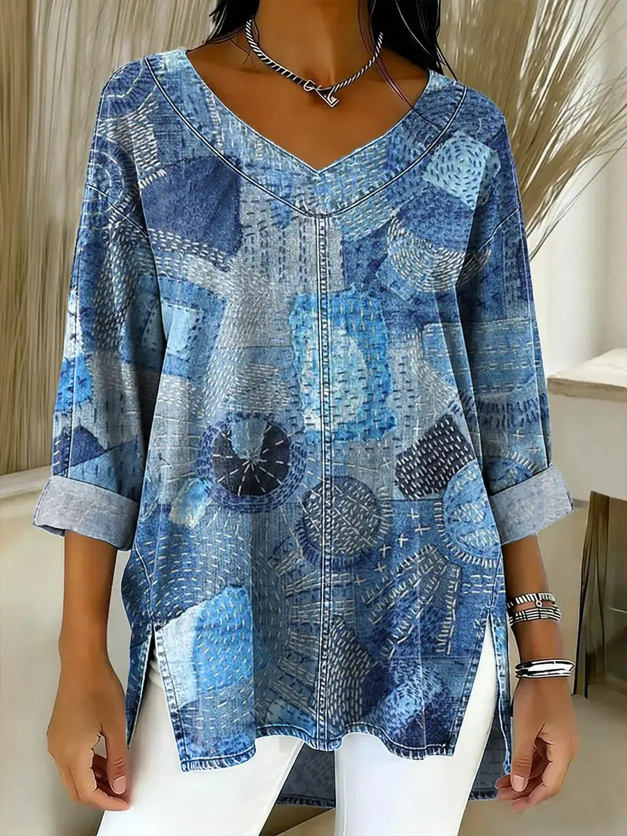 Women's Patchwork Pattern Art Print Casual Denim Shirt