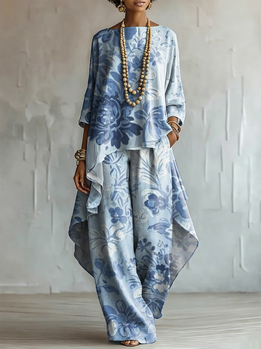 Loose-fit, Elegant Floral Cotton-linen Top + Wide-leg Pants Set