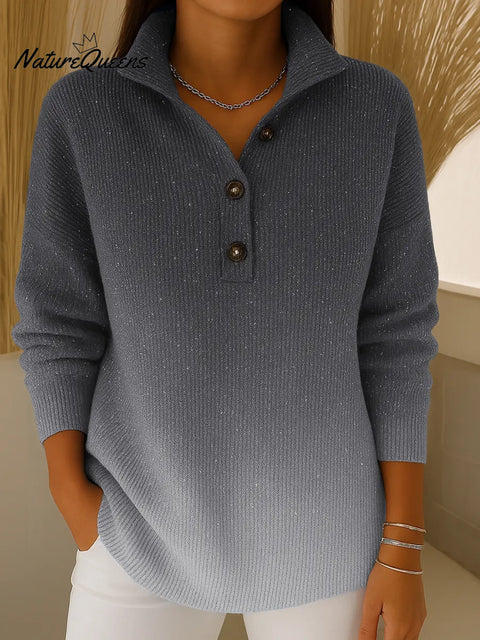 Women's Gradient Print Collared Long Sleeve Casual Loose Sequined Knit Cardigan