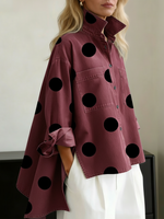 Elegant Artistic Polka Dot Print Stand-collar Denim Top