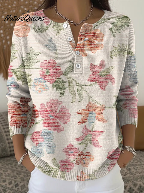 Women's Multicolor Flowers Pattern Art Print Buttoned Cardigan Sweater
