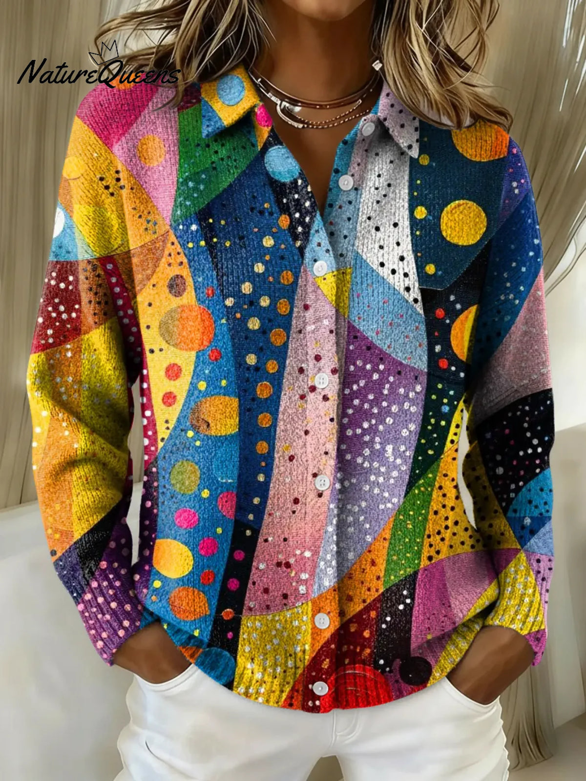 Women's Abstract Colorful Stripes Printed Collared Sweater