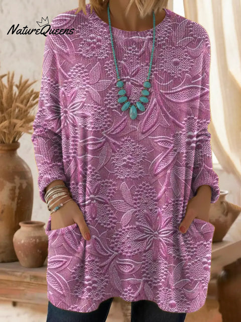 Women's Floral Pattern Art Print Casual Cotton Knitted Sweater