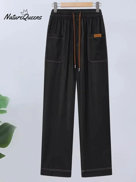 Women's Casual Stretch Cotton Pants With Elastic Waistband.