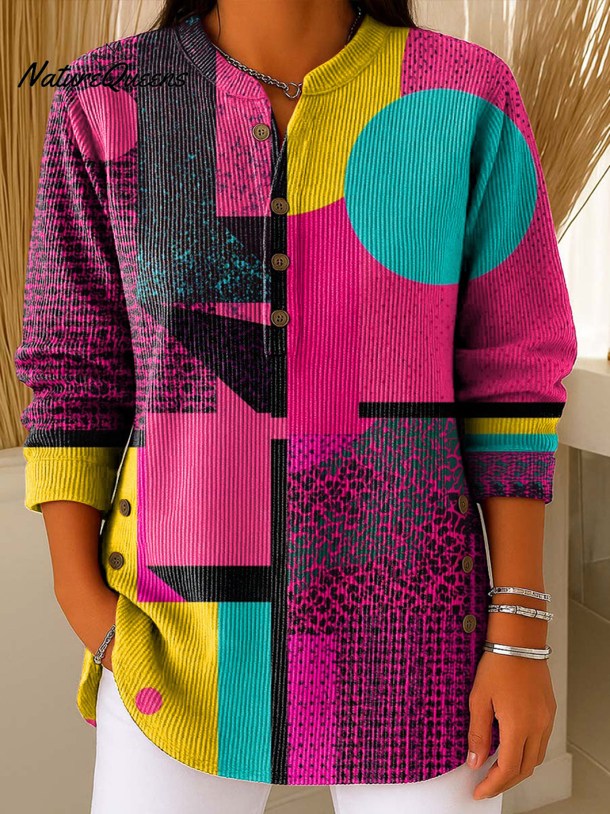 Geometry Color Block Art Pattern Polo Collar Shiny Loose Sweater Top