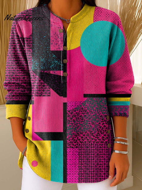 Geometry Color Block Art Pattern Polo Collar Shiny Loose Sweater Top