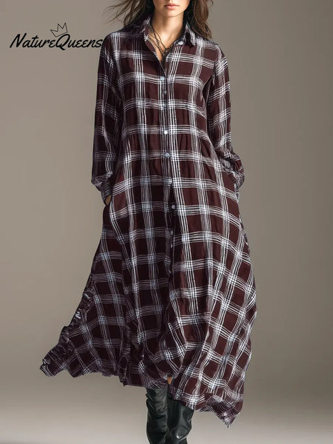 Women's Plaid Print Shirt Collar Long-sleeved A-line Dress