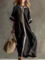 Women's Round Neck 3/4 Sleeve Casual Loose Cotton And Linen Dress