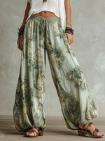 White Crochet Knit Crop Top & Light Green Ink Floral Print Elastic Waist Lantern Pants Set
