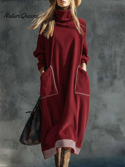 Women's Casual High-neck Corduroy Pocket Dress