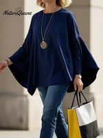 Women's Solid Color Round Neck Batwing Sleeve Casual Loose-fitting Cotton And Linen Top.