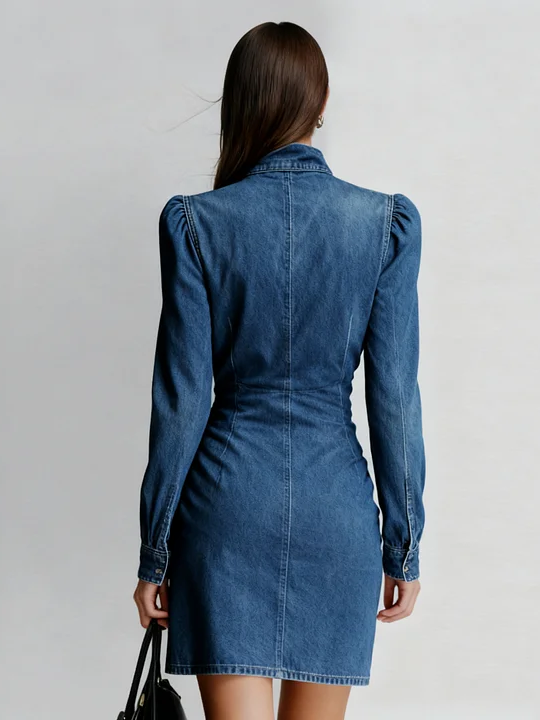 Retro Sexy Stand-collar Denim Mini Dress With Fringe Hem