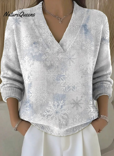 Gradient Snowflake Art Print V-Neck Sweater