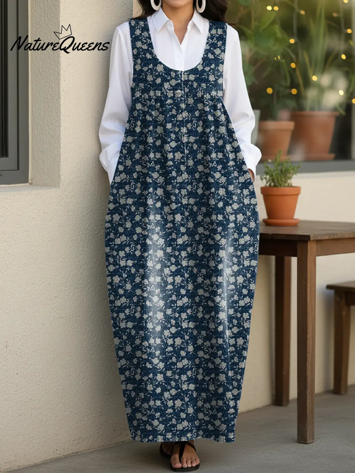 Women's Floral Art Casual Loose Denim Vest Dress