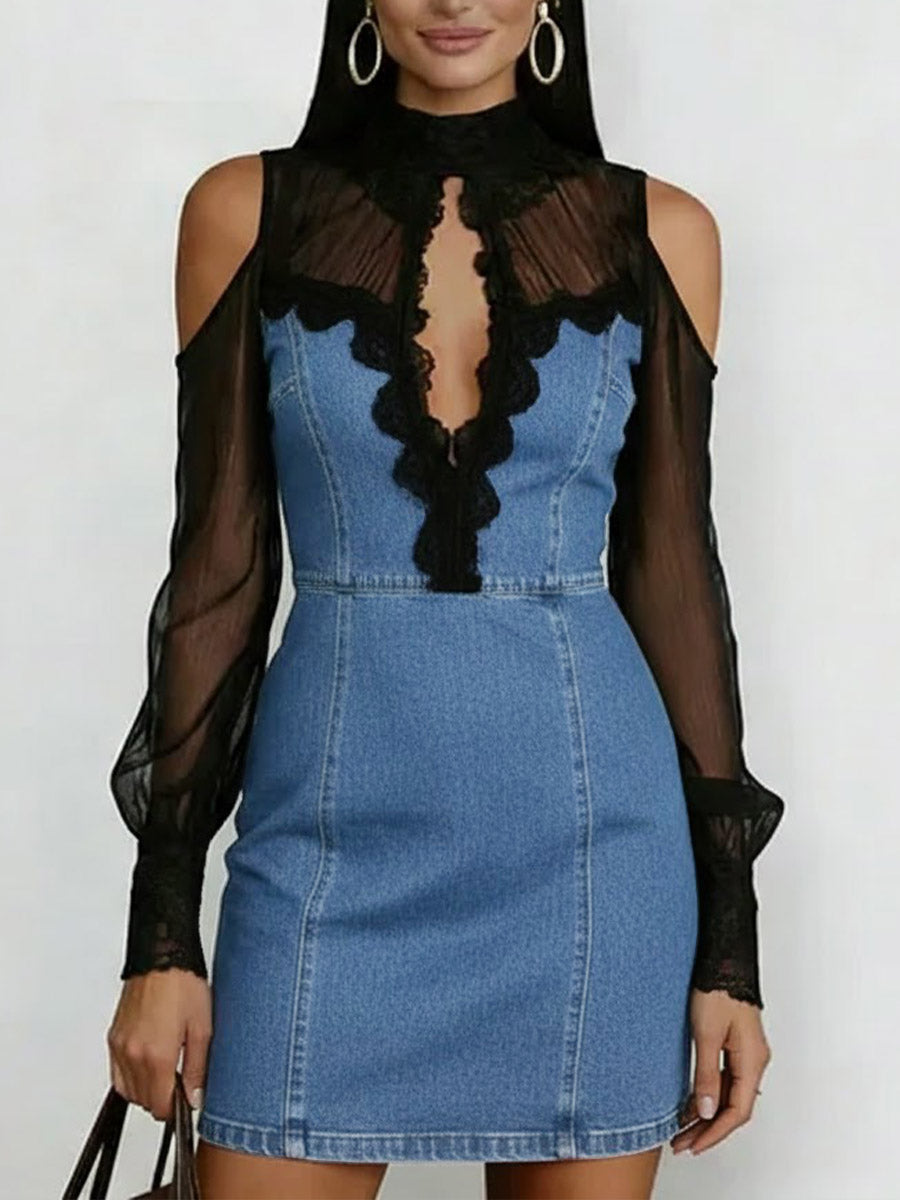 Women's Stand Collar Long Sleeve Chiffon Patchwork Casual Slim Denim Dress