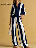 Women's Striped Print Cardigan Collar Three-quarter Sleeve Knitted Top And High-waisted Casual Loose Wide-leg Pants Knitted Set.