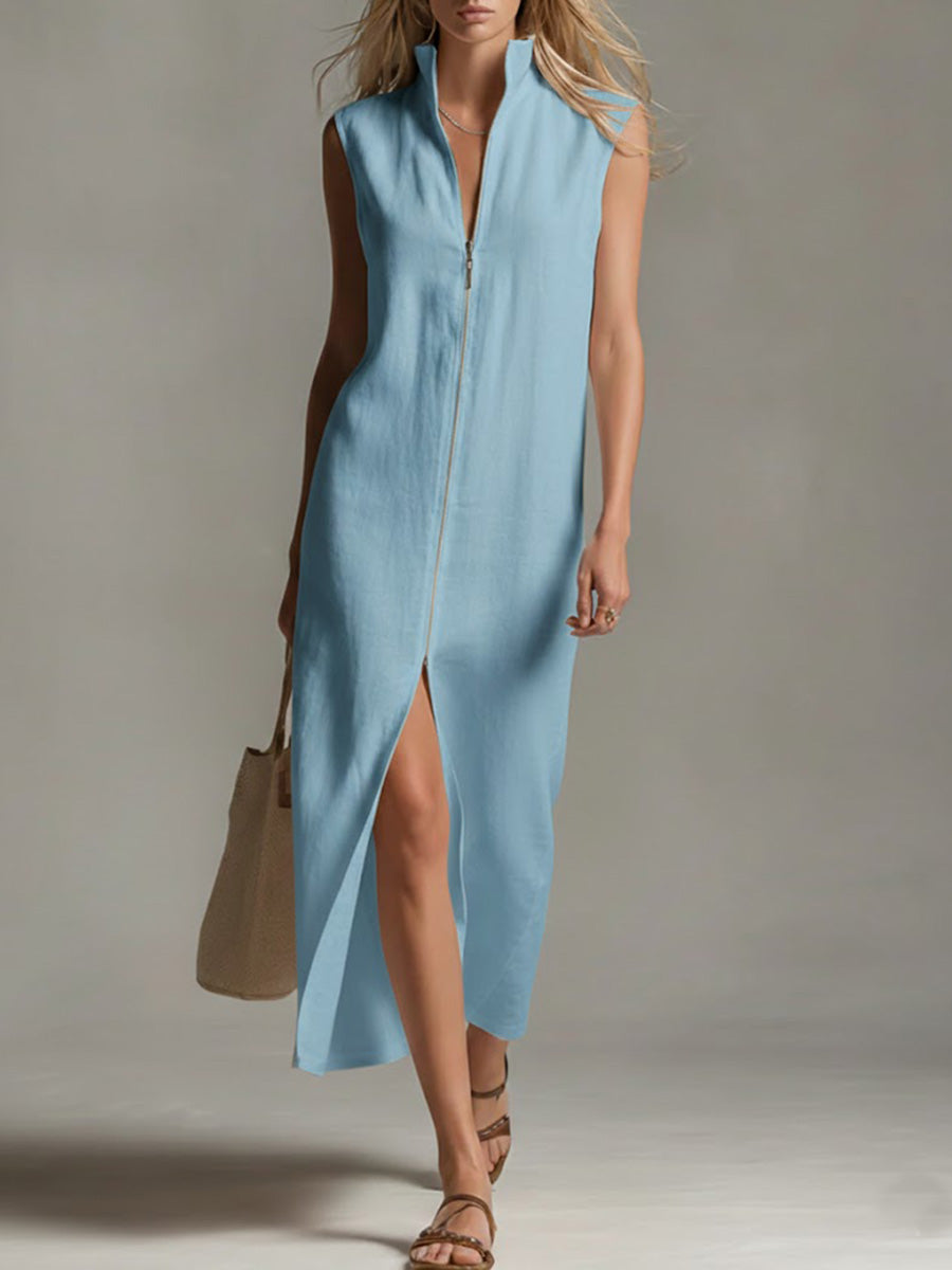 Women's Solid Color Stand-collar Sleeveless Casual Loose Linen Dress