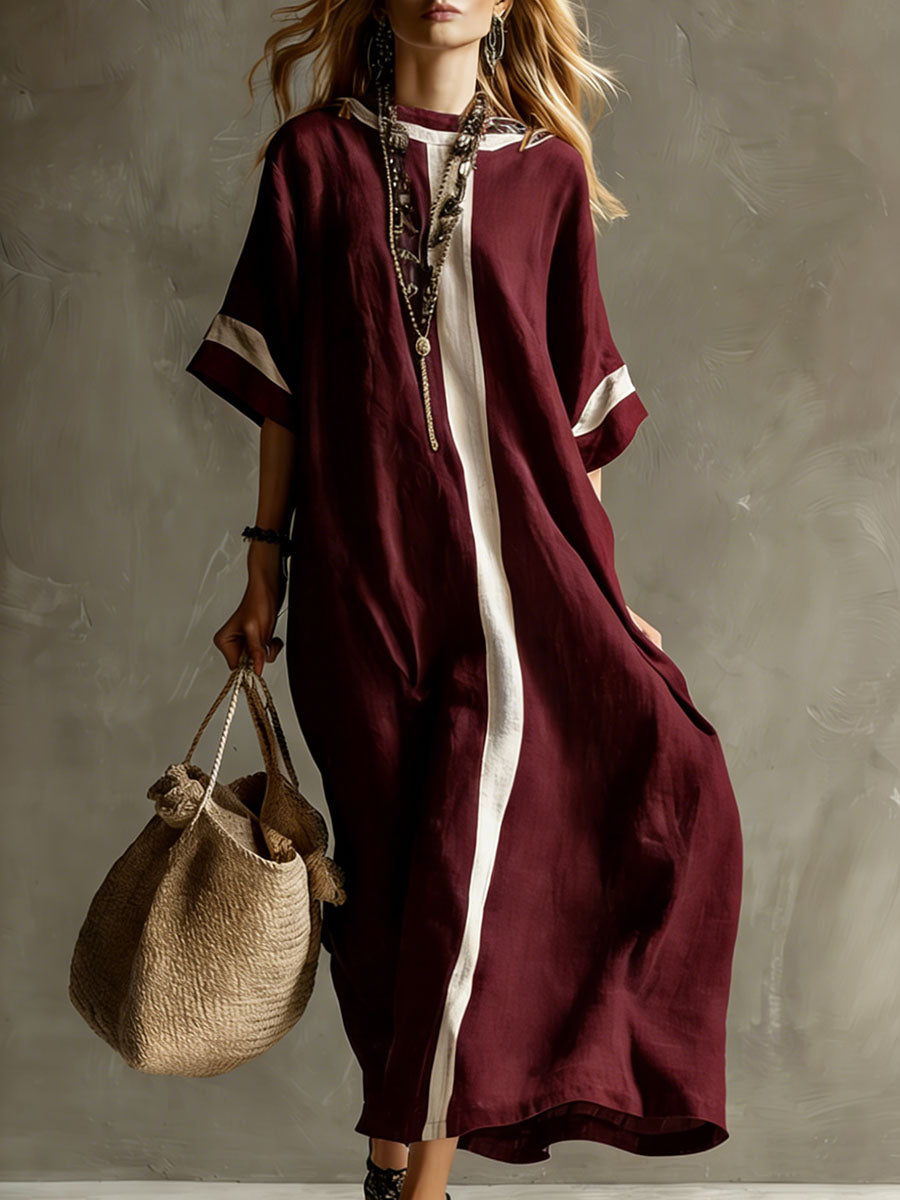 Women's Round Neck 3/4 Sleeve Casual Loose Cotton And Linen Dress