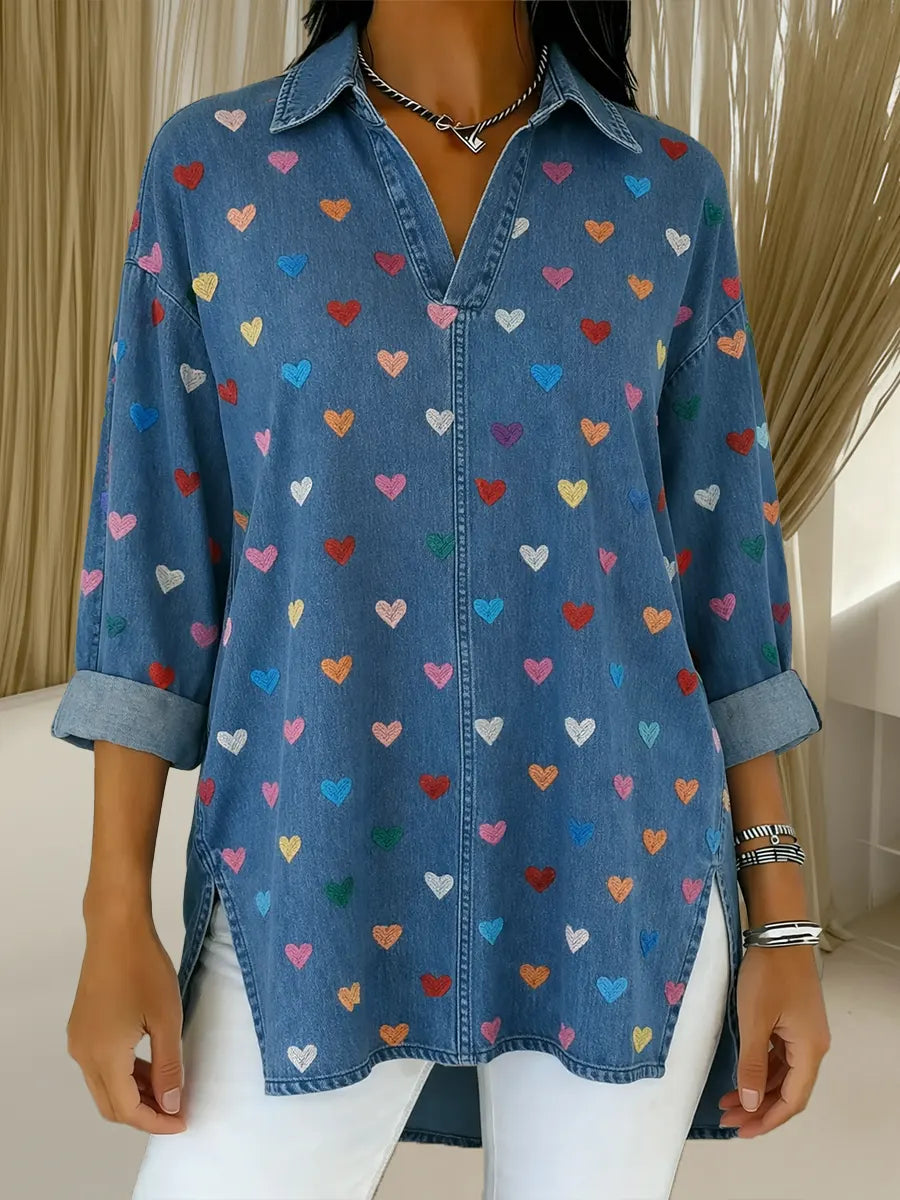 Women's Heart Casual Washed Denim Cotton Top
