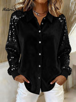 Women's Sequined Sleeve Patchwork Long-sleeved Velvet Loose Shirt
