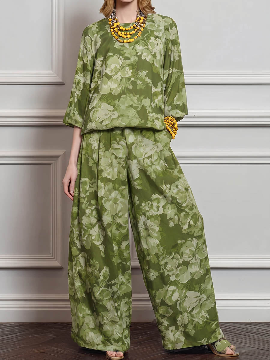 Women's Vintage-print Round-neck 3/4-sleeve Loose-fit Cotton-linen Top & High-waisted Wide-leg Pants Set