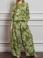 Women's Vintage-print Round-neck 3/4-sleeve Loose-fit Cotton-linen Top & High-waisted Wide-leg Pants Set