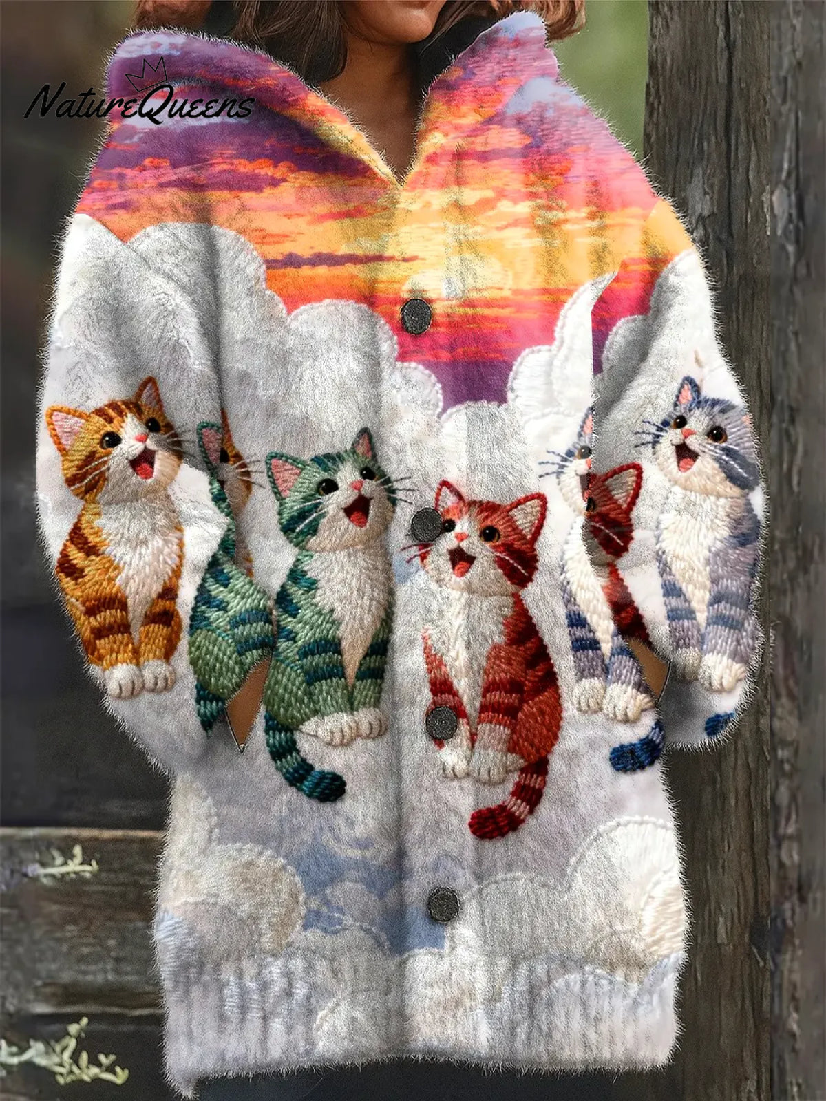 Women's Funny Cats Pattern Art Print Casual Fleece Coat
