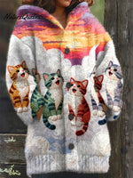 Women's Funny Cats Pattern Art Print Casual Fleece Coat