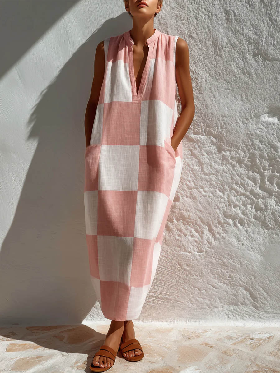 Women's Plaid-print V-neck Sleeveless Casual Loose Cotton-linen Dress