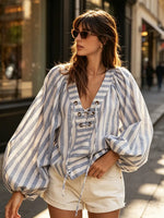 Loose-fitting V-neck Stripe Cotton Shirt