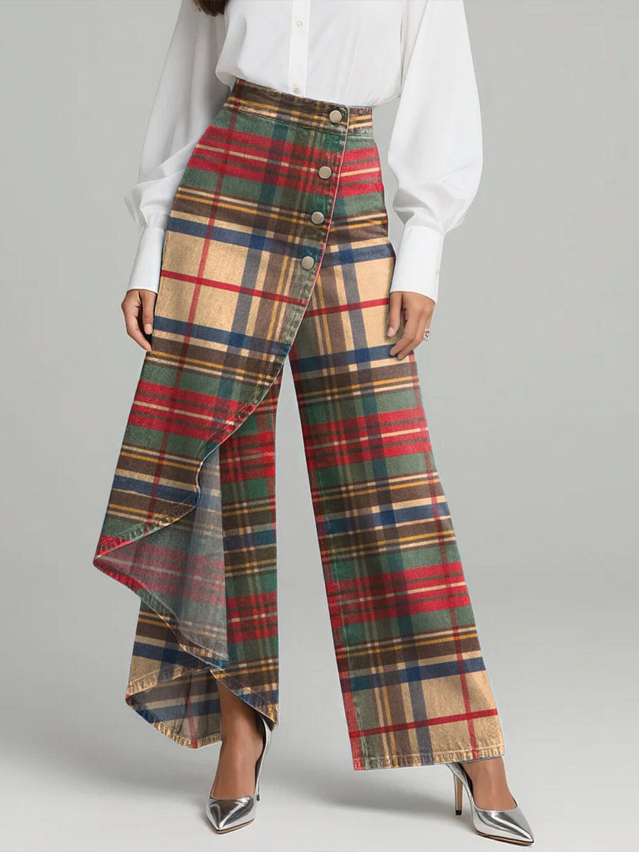 Women's Vintage Plaid Patterns Print High-waisted Relaxed Fit Wide-leg Jeans With A Stylish Design