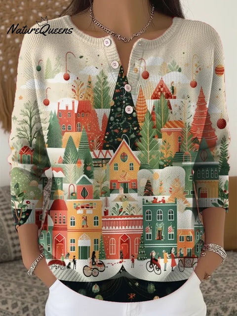 Women's Christmas Pattern Art Print Casual Cardigan Sweater